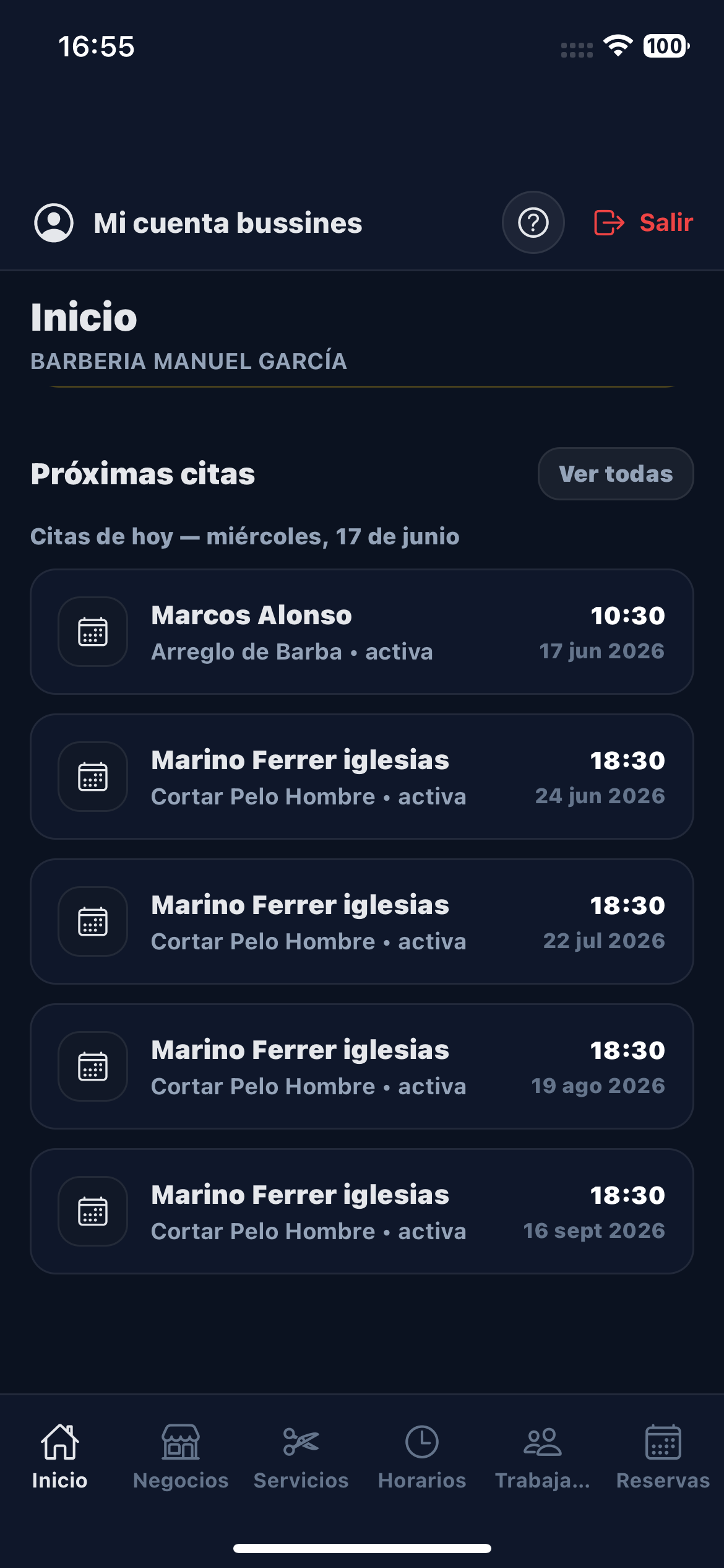 Reservas negocio